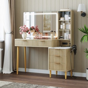Makeup Vanity Desk with Lights, Fluted Wooden Dressing Table with 5 Drawers and Adjustable Shelves, Makeup Vanity Table Modern Glass Top for Bedroom - 1 of 4