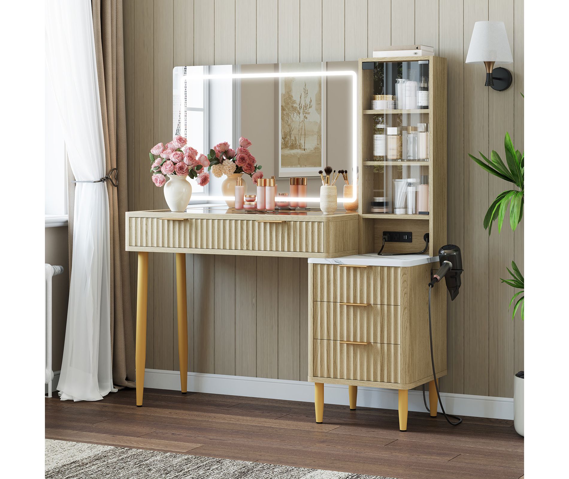 Makeup Vanity Desk with Lights, Fluted Wooden Dressing Table with 5 Drawers and Adjustable Shelves, Makeup Vanity Table Glass Top for Bedroom, Oak