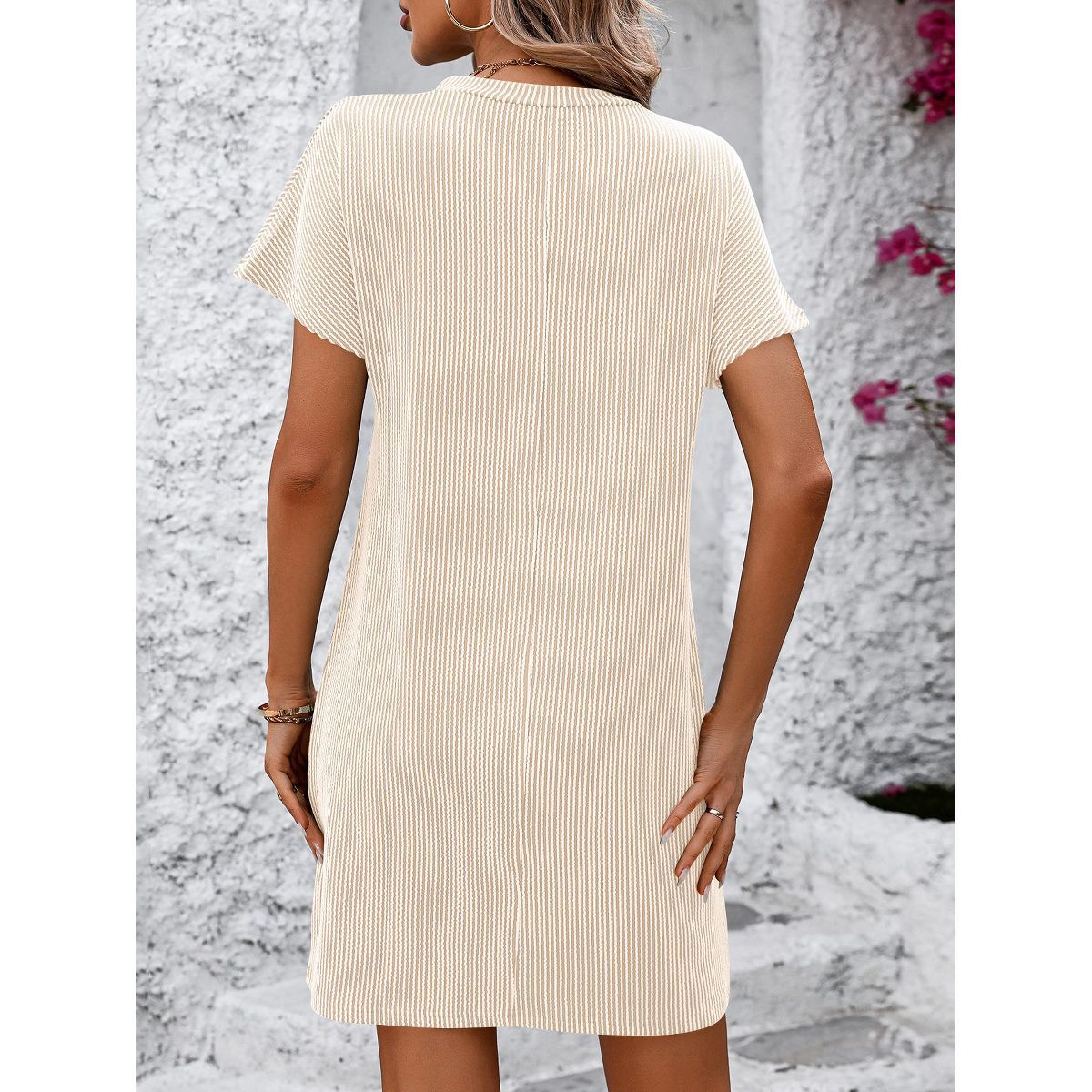 Summer Lounge Dress for Women Crew Neck Striped Comfy Pajamas Dress Casual T Shirt Dresses Summer Casual Shift Dress with Faux Pockets - thumbnail 2