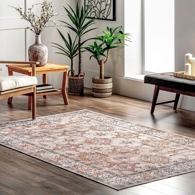 Beige and Ivory Synthetic 8' x 10' Washable Area Rug