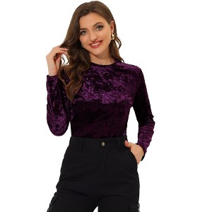 INSPIRE CHIC Women's Casual Vintage Velvet Crew Neck Long Sleeve T-shirts - 1 of 4