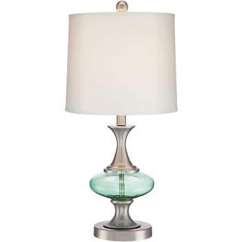 360 Lighting Reiner Modern Accent Table Lamp 23" High Brushed Nickel Blue Green Glass with Dimmer Off White Drum Shade for Bedroom Living Room House