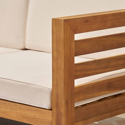 Beige Acacia Wood 3-Seater Sofa Set with Ottoman