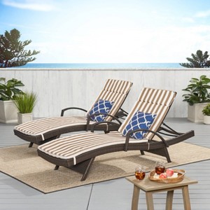 Salem Set of 2 Brown Wicker Adjustable Chaise Lounge with Arms - Brown and White Stripe - Christopher Knight Home - 1 of 4