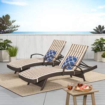 Salem Set of 2 Brown Wicker Adjustable Chaise Lounge with Arms - Brown and White Stripe - Christopher Knight Home