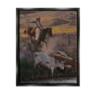 Stupell Industries Cowboy Rounding Up Cattle Lasso Framed Canvas