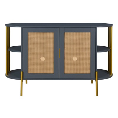 TIRAMISUBEST Dark Gray Curved Dining Cabinet with Gold Trim & Woven Rattan Doors-Buffet Sideboard
