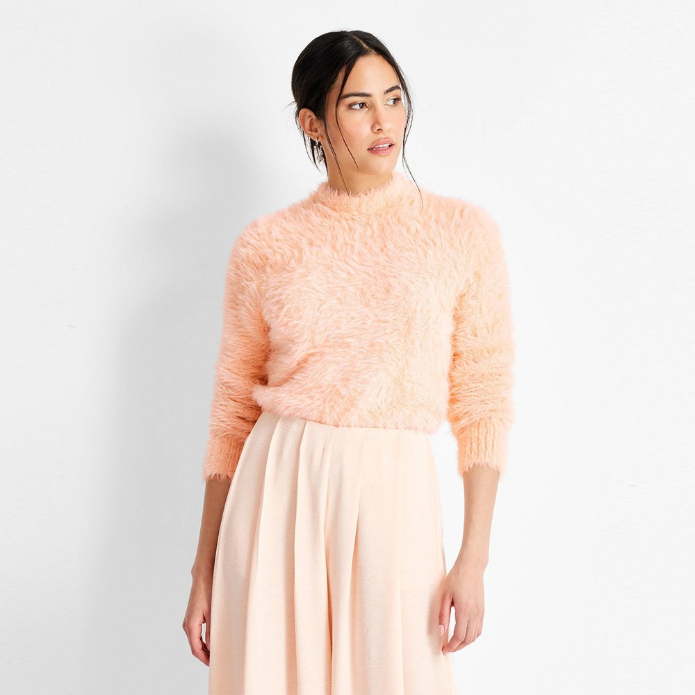 Women's Crewneck Eyelash Sweater - Future Collective Peach Orange Size XS