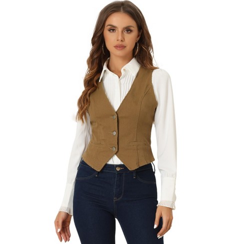 Inspire Chic Women s Denim Sleeveless V Neck Button Down Casual Waistcoat Vest Brown X large Target