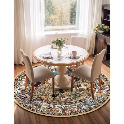 Round Tan and Blue Synthetic Stain-Resistant Area Rug