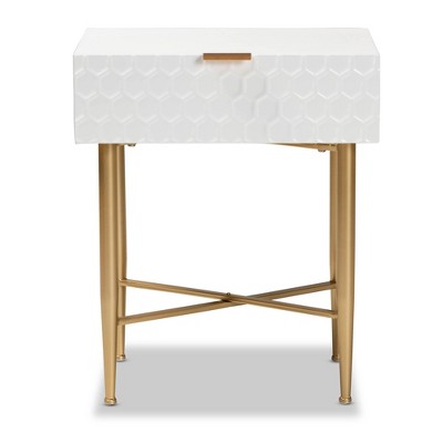 Marcin Wood and Metal 1 Drawer Nightstand White/Gold - Baxton Studio: Industrial Style Bedside Table with Storage