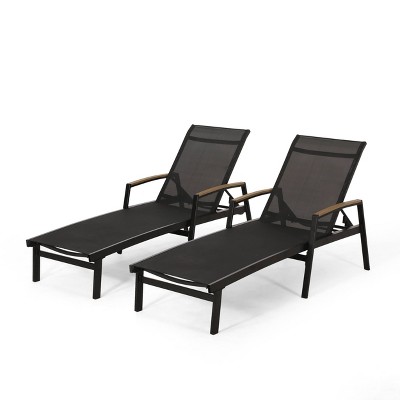 Oxton 2pc Patio Aluminum Chaise Lounges with Mesh Seating - Black - Christopher Knight Home