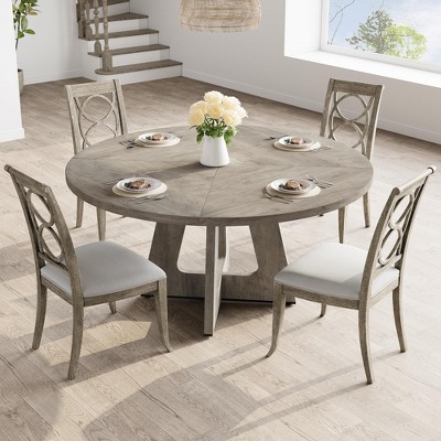 47" Round Dining Table Set for 4 to 6, Farmhouse Kitchen Table with Wooden Top and Pedestal Base