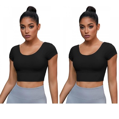 INSPIRE CHIC 2 Pcs Women's U Neck Short Sleeve Deep V Back Workout Tank Tops with Built-in Bras