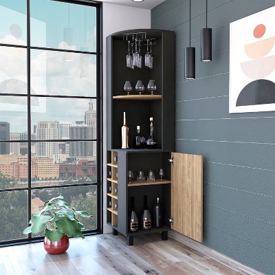 Vynxaria Hamden 10-Bottle 1-Shelf Bar Cabinet Black Wengue and Pine