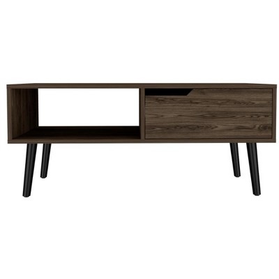 Vynxaria Coffee Table - Dark Walnut, 46.11" Large Top, 1 Drawer (18.7"W×7.3"H), 1 Open Shelf (18.8"W×7.4"H), 4 Sturdy Legs