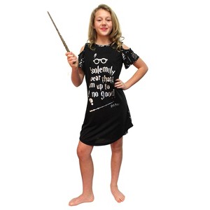 Intimo Big Girls' Harry Potter I Solemnly Swear Shoulder Cut Out Nightgown Black - 1 of 4