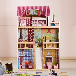 Angel Sar Doll Cottage, 3-Story Wooden Dollhouse with 14 Furniture Accessories, Balcony and Stairs, Solid Pine Construction for Boys Girls Aged 3 Up - 1 of 4