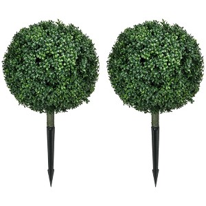 Angel Sar 2Pcs Artificial Boxwood Trees, 27.6" Ball Topiary with Ground Stake, UV Resistant Fake Plants for Indoor Outdoor Decor - 1 of 4