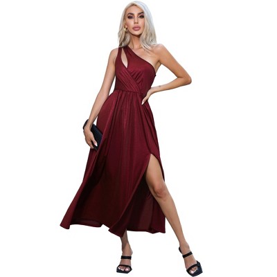 Women's Summer One Shoulder Sleeveless Knot Smocked Midi Dress High Split Flowy Cocktail Wedding Party Maxi Dress
