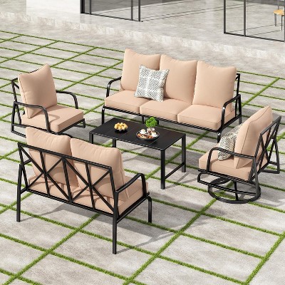 VisioGear Patio 5-Piece Sofa Set with Two Outdoor Swivel Chairs, Outdoor Furniture with Armrest sofa, Beige, 30"*23.8"*30.7"