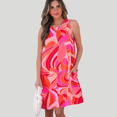 Amaryllis Women’s Sleeveless A-Line Mini Dress Retro Abstract Swirl Print Lightweight with Side Pockets