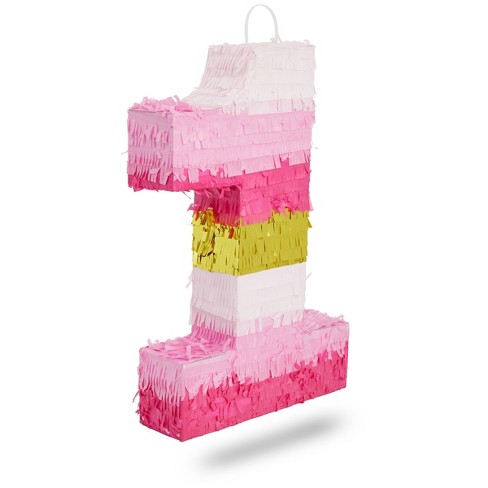 Small Floral Number 1 Pinata with Gold Foil + Pull Strings for Girls 1st  Birthday Party Decorations, 16.5 x 10.6 x 3 In