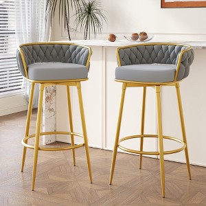 VASIP Swivel Counter Height Bar Stools Set of 2 with Hand-Woven Backrest & Gold Metal Legs, Low Back Upholstered High Bar Chairs with Footrest - 1 of 4