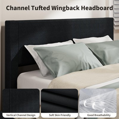 Bed Frame with 4 Storage Drawers, Platform Bed Frame with Upholstered Channel Tufted Wingback Headboard, Strong Wooden Slats Support