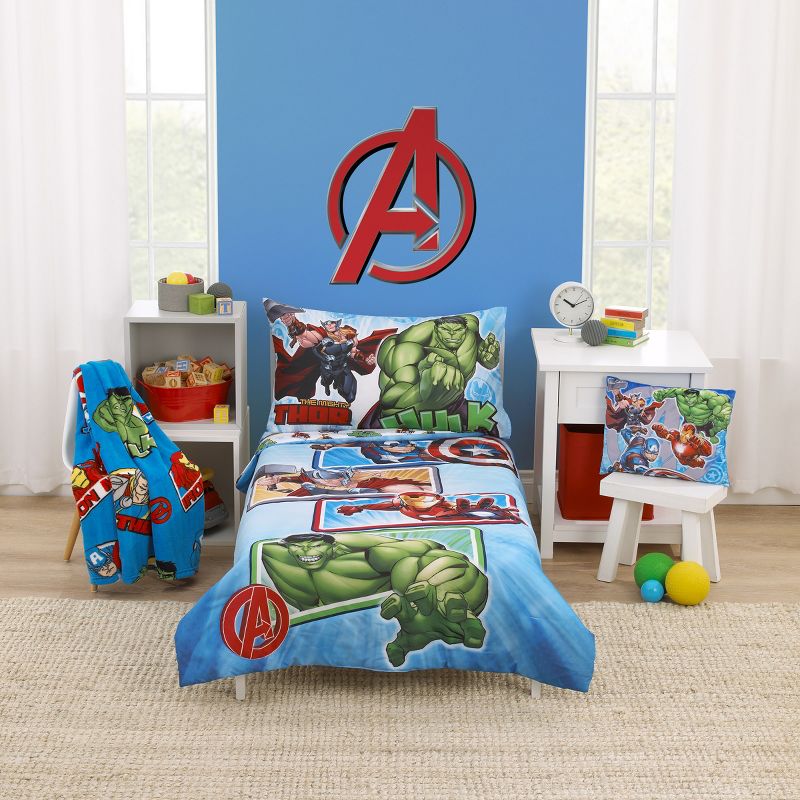 Marvel The Avengers I Am A Hero Blue, Green, Red, and Yellow 4 Piece Toddler Bed Set, 1 of 7