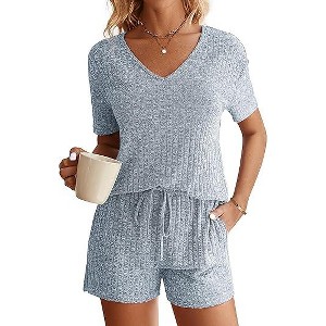 Ekouaer Womens Ribbed Knit Lounge Set Short Sleeve Top and Shorts Sleepwear Pajama Set Two Piece Shorts Outfits Set - 1 of 4