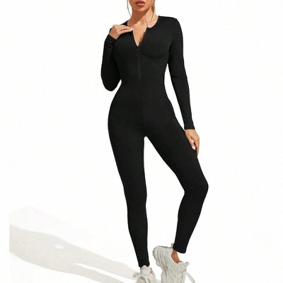 DOMETOUR Zip Front Sports Yoga Jumpsuit for Women Tummy Control Unitard Bodysuit Athletic Rompers, Black-S