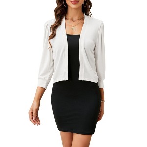 Women's Cropped Open-Front Cardigan - 3/4 Lantern Sleeve Bolero Shrug with Puff Shoulders for Layering - 1 of 4