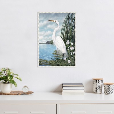 Great White Egret Coastal Scene Beaded Framed Canvas Art
