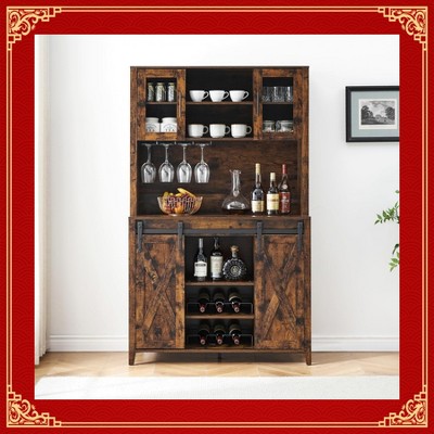 Garvee Black 70-Inch Farmhouse Bar Wine Cabinet with Sliding Barn Doors, Ample Storage Space, Wine & Glass Racks - Versatile Coffee