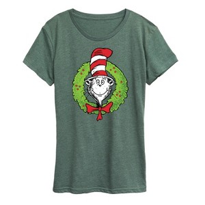 Women's The Cat in the Hat Cat Wreath Short Sleeve Graphic T-Shirt - Heather Juniper - Large - 1 of 4