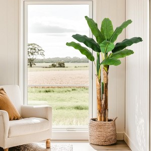 Artificial Banana Tree, 5/6/7FT Faux Banana Tree with Grey Planter, Artificial Plants with 11/21/24 Faux Banana Leaves Plant for Home Office Decor - 1 of 4