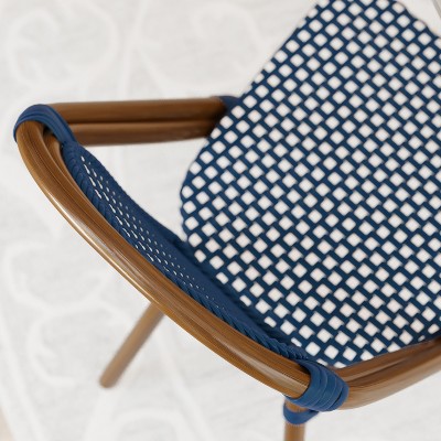 Navy and White PE Rattan Bistro Chairs with Bamboo Finish Aluminum Frame, Set of Two