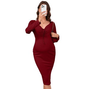 WhizMax Maternity Women's Ribbed Knit Adjustable Drawstring Halter Tie V Neck Long Sleeve Side Slit Midi Dress For Baby Shower - 1 of 4