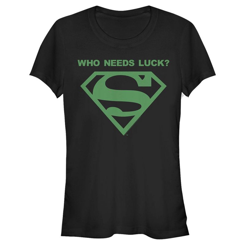 Juniors Womens Superman St. Patrick's Day Who Needs Luck? T-Shirt, 1 of 5