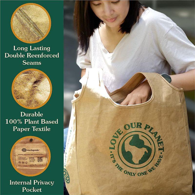 EARTHGRADE Reusable Shoulder Grocery Bag Sustainable & Eco Friendly Washable Paper Totes with Cotton Canvas Handles & Durable Seams, 5 of 9