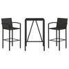 vidaXL 3-Piece Patio Bar Set - Black Poly Rattan Outdoor Garden Furniture with Tempered Glass Tabletop - 3 of 4