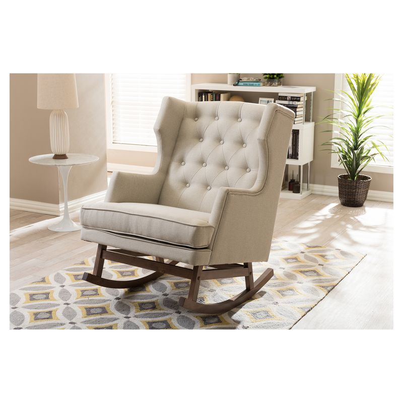 Iona Mid - Century Retro Modern Light Fabric Upholstered Button - Tufted Wingback Rocking Chair - Light Beige - Baxton Studio, 5 of 6