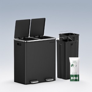 Trash Can, 16 Gallon (60 L) Garbage Can for Kitchen, with 15 Trash Bags, 2 Compartments, Plastic Inner Buckets and Hinged Lids, Airtight - 1 of 3