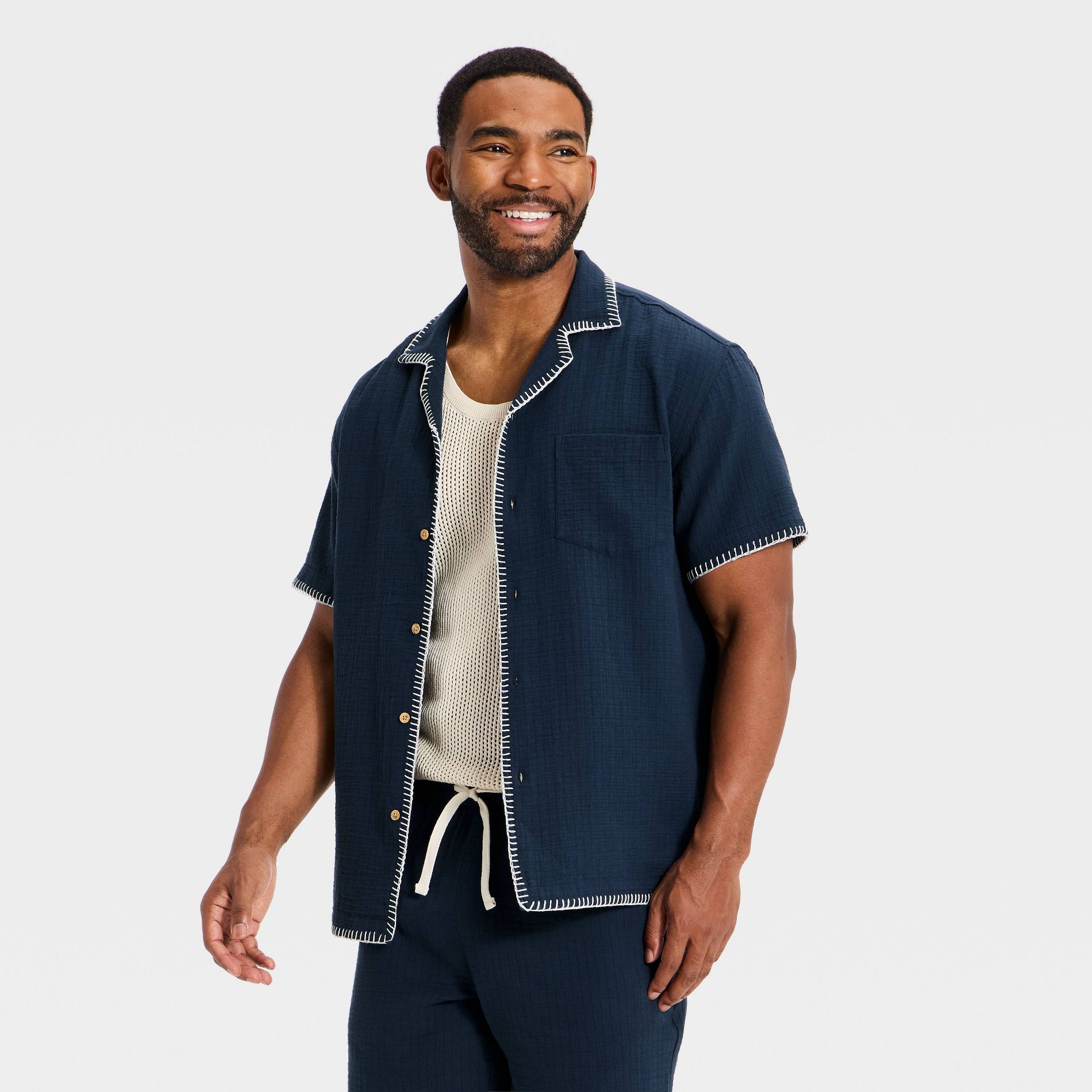 Men's Short Sleeve Blanket Stitch Button-Down Shirt - Goodfellow & Co™