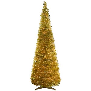 Northlight 6' Pre-Lit Gold Tinsel Pop-Up Artificial Christmas Tree, Clear Lights - 1 of 4