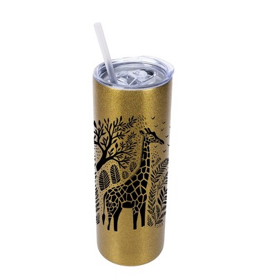 Elanze Designs Safari Giraffe 20 Ounce Double-Walled Stainless Steel Insulated Slim Travel Tumbler with Lid and Straw, Vegas Gold