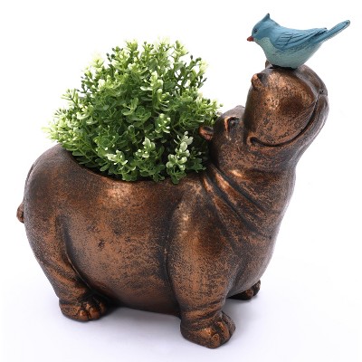 Brown Hippo and Blue Bird MGO Flower Pot Planter