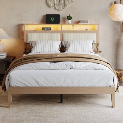 Queen Bed Frame with Headboard Upholstered Corduroy Bedframe with LED Lights and Charging Station Frame with Storage Shelf and Under Bed Storage