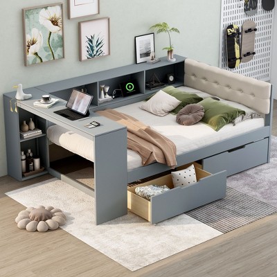 NicBex Full Size Daybed Modern Wooden Bed Frame with 2 Drawers, 5 Shelves, Upholstered Headboard and Ports for Bedroom, No Box Spring Required